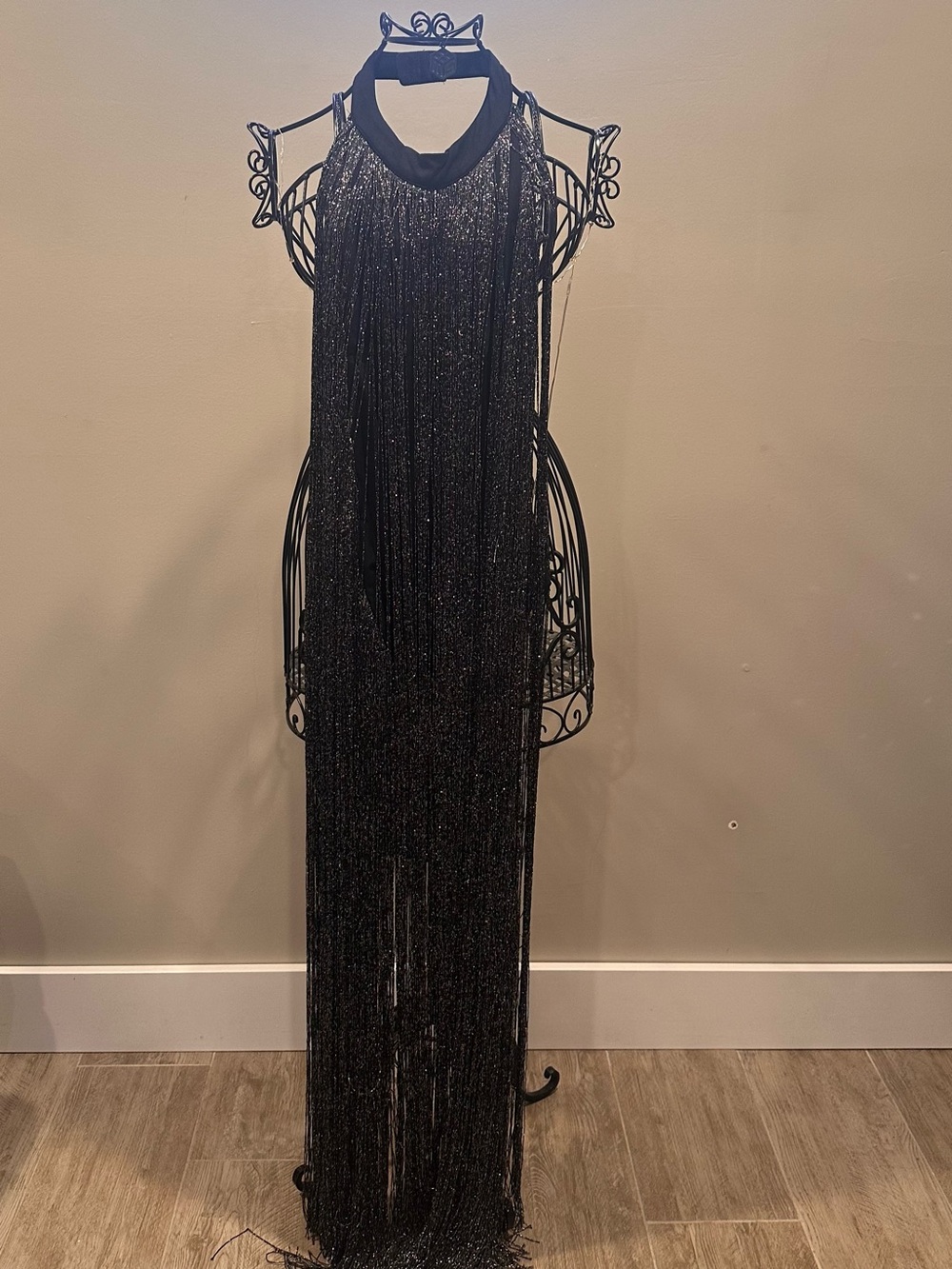 AKIRA Black Fringe Backless Halter Maxi Dress